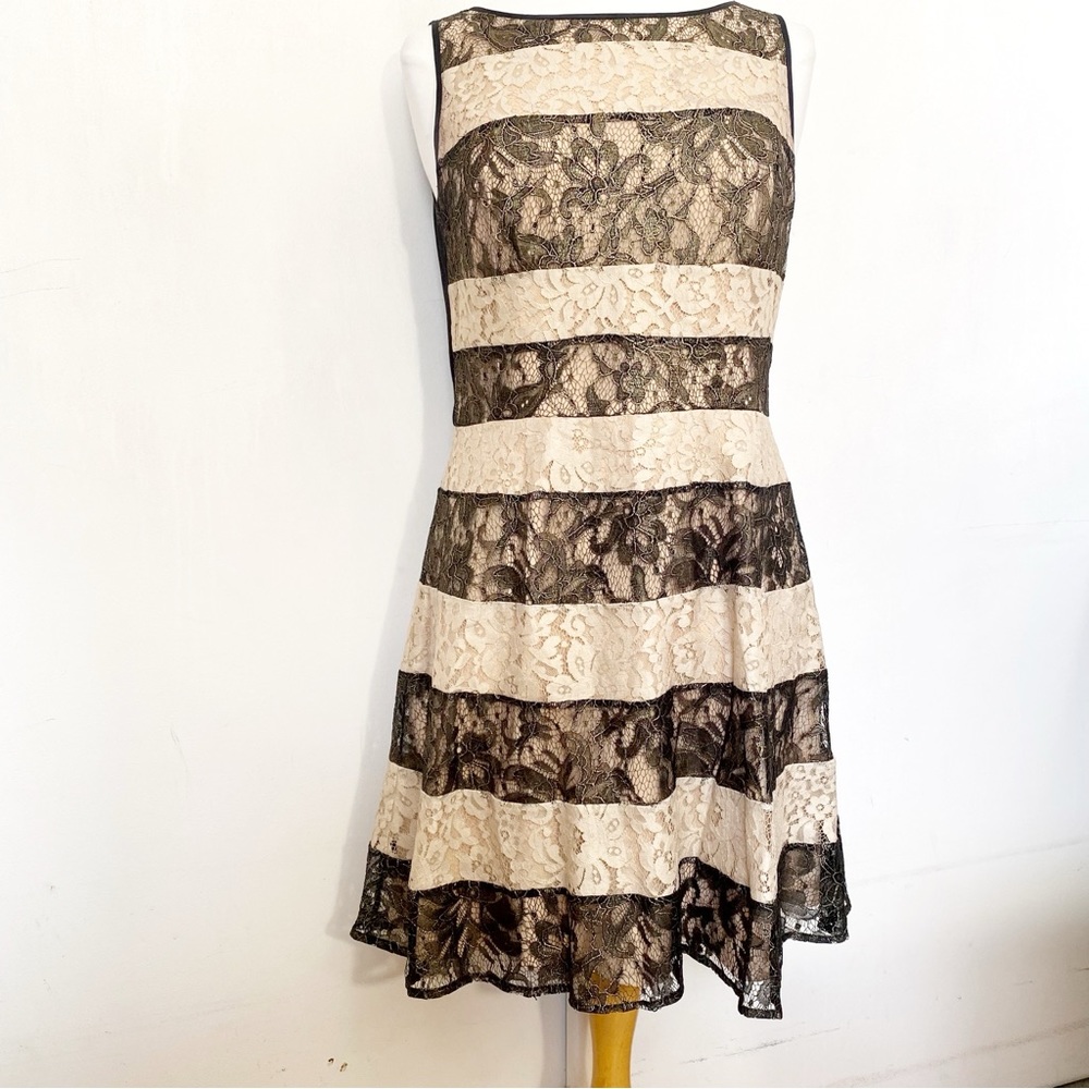 Jessica Simpson Elegant Lace Lined Panel Dress - Cocktail Black and Cream 10
